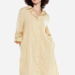 Vestido Camisa Bege Midi de Algodão com Bolsos Sob