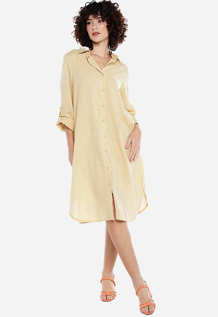 Vestido Camisa Bege Midi de Algodão com Bolsos Sob - Imagem 2