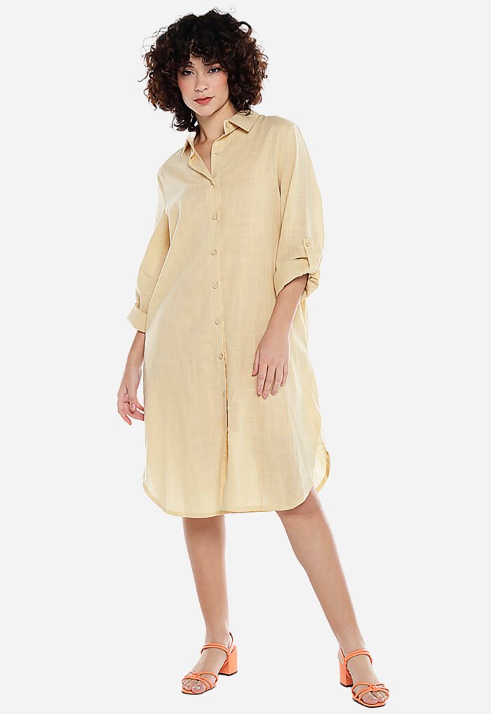 Vestido Camisa Bege Midi de Algodão com Bolsos Sob - Imagem 5