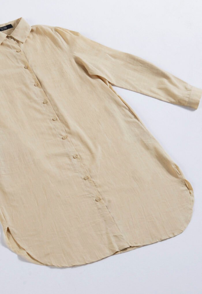 Vestido Camisa Bege Midi de Algodão com Bolsos Sob - Imagem 6