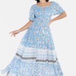 Vestido Longo com Mangas em Algodão com Lurex Azul Sob