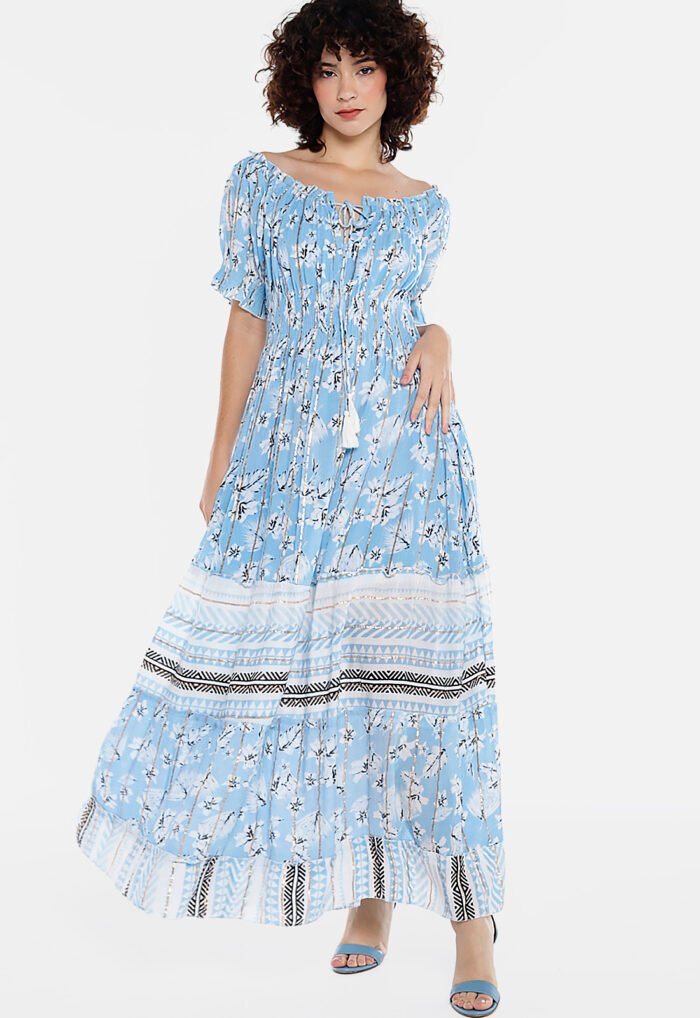 Vestido Longo com Mangas em Algodão com Lurex Azul Sob - Imagem 2