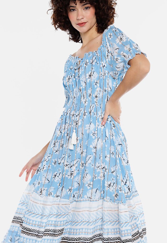 Vestido Longo com Mangas em Algodão com Lurex Azul Sob - Imagem 3