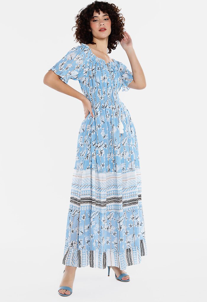 Vestido Longo com Mangas em Algodão com Lurex Azul Sob - Imagem 4