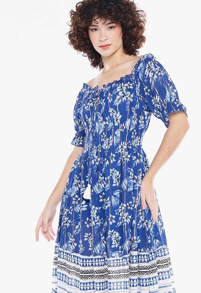 Vestido Longo com Mangas em Algodão com Lurex Marinho Sob - Imagem 2