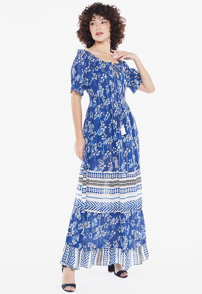 Vestido Longo com Mangas em Algodão com Lurex Marinho Sob - Imagem 4