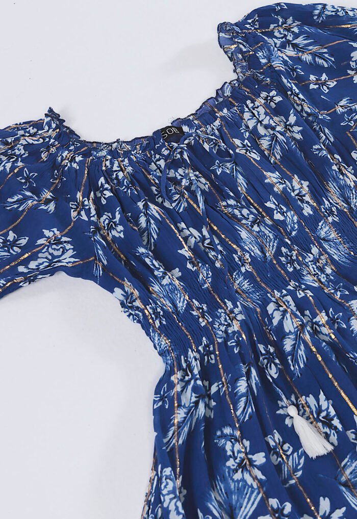 Vestido Longo com Mangas em Algodão com Lurex Marinho Sob - Imagem 7