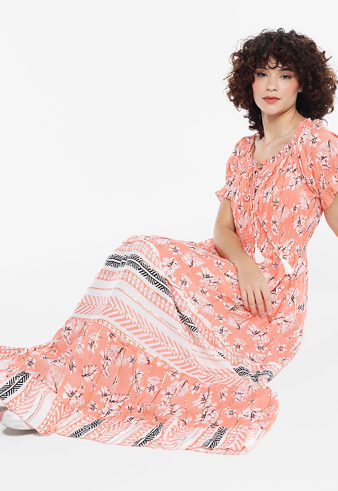 vestido longo rosa 2 Vestido Longo com Mangas em Algodão com Lurex Rosa Sob - Imagem 1