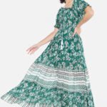 Vestido Longo com Mangas em Algodão com Lurex Verde Sob