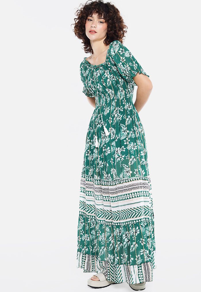 Vestido Longo com Mangas em Algodão com Lurex Verde Sob - Imagem 2