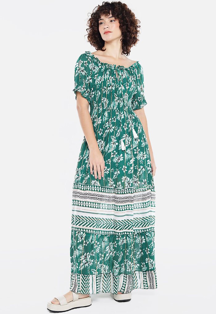 Vestido Longo com Mangas em Algodão com Lurex Verde Sob - Imagem 3