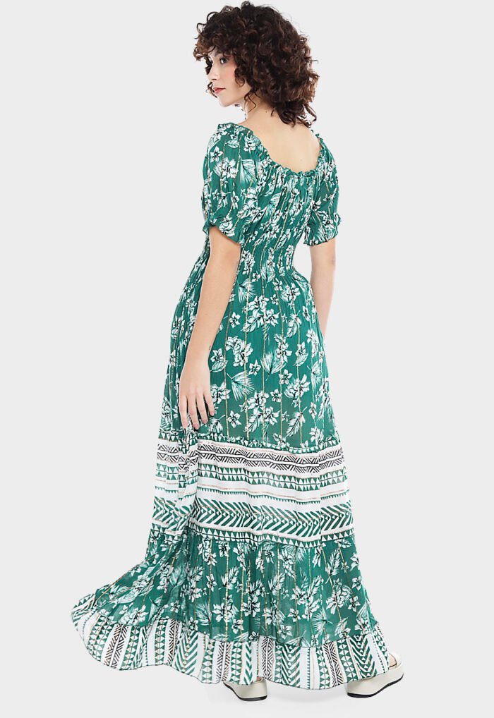 Vestido Longo com Mangas em Algodão com Lurex Verde Sob - Imagem 4