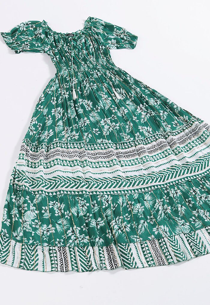 Vestido Longo com Mangas em Algodão com Lurex Verde Sob - Imagem 5