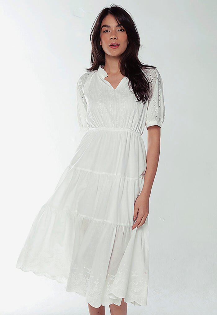 Vestido Branco Midi de Laise de Algodão com Mangas Sob - Imagem 2