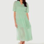 Vestido Midi de Laise de Algodão com Mangas Sob Verde