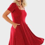 Vestido Midi com Mangas Vermelho de Poá com Bolsos em Viscose Sob