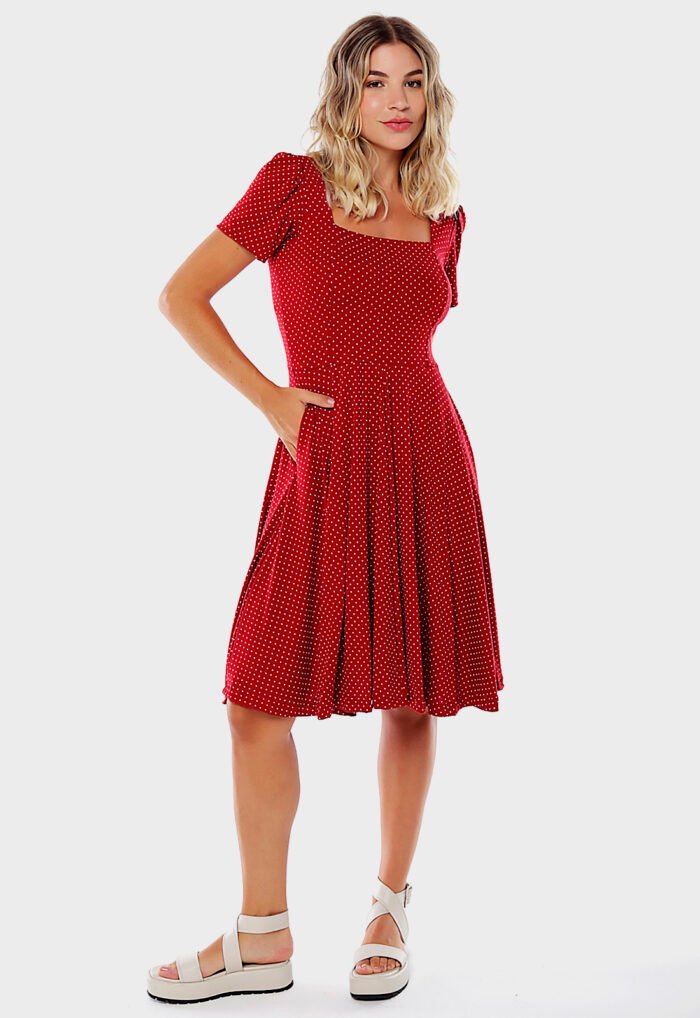Vestido Midi com Mangas Vermelho de Poá com Bolsos em Viscose Sob - Imagem 2