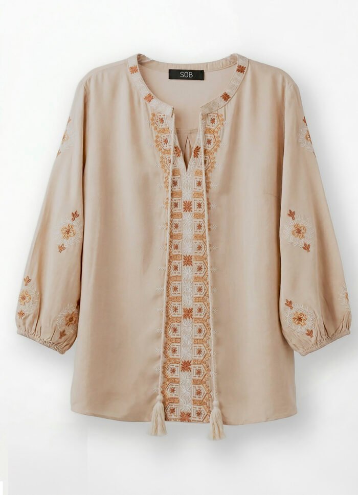 Blusa Bege Bordada Manga 3/4 Gola Bordada Viscose Boho Sob - Imagem 6