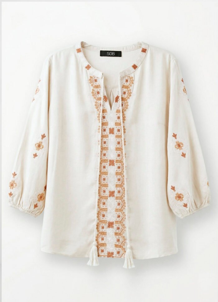 Blusa Branca Bordada Manga 3/4 Gola Bordada Viscose Boho Sob - Imagem 6