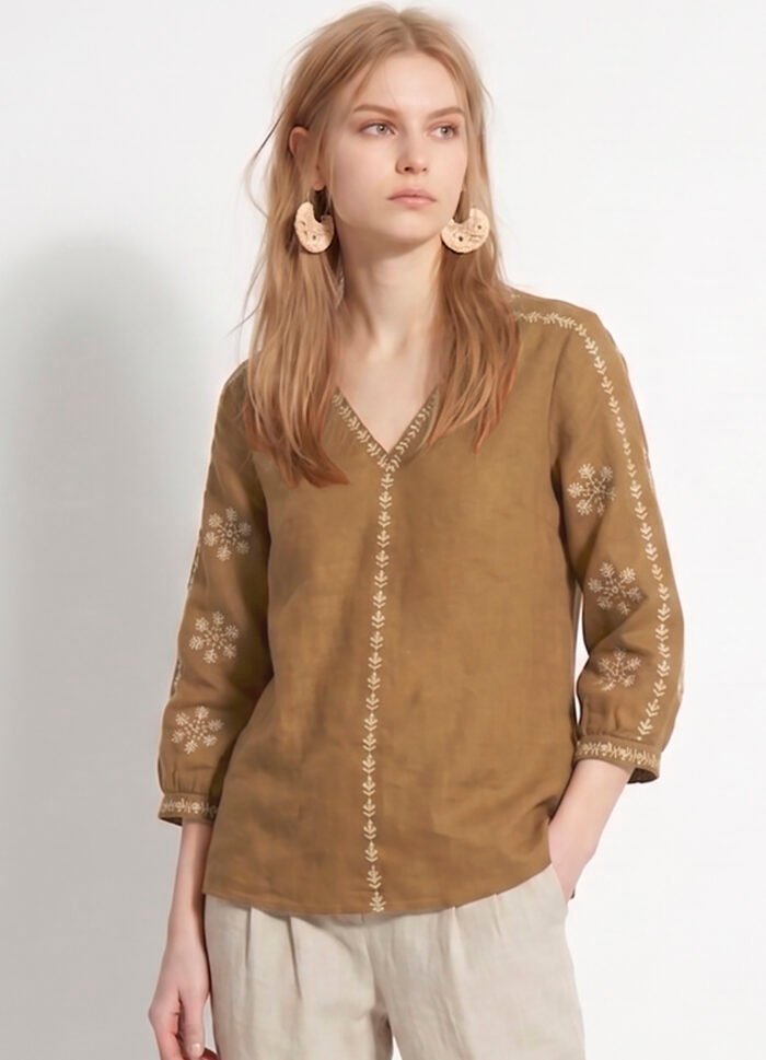 Blusa Marrom Bordada Gola V em Algodão Manga 3/4 Sob - Imagem 6