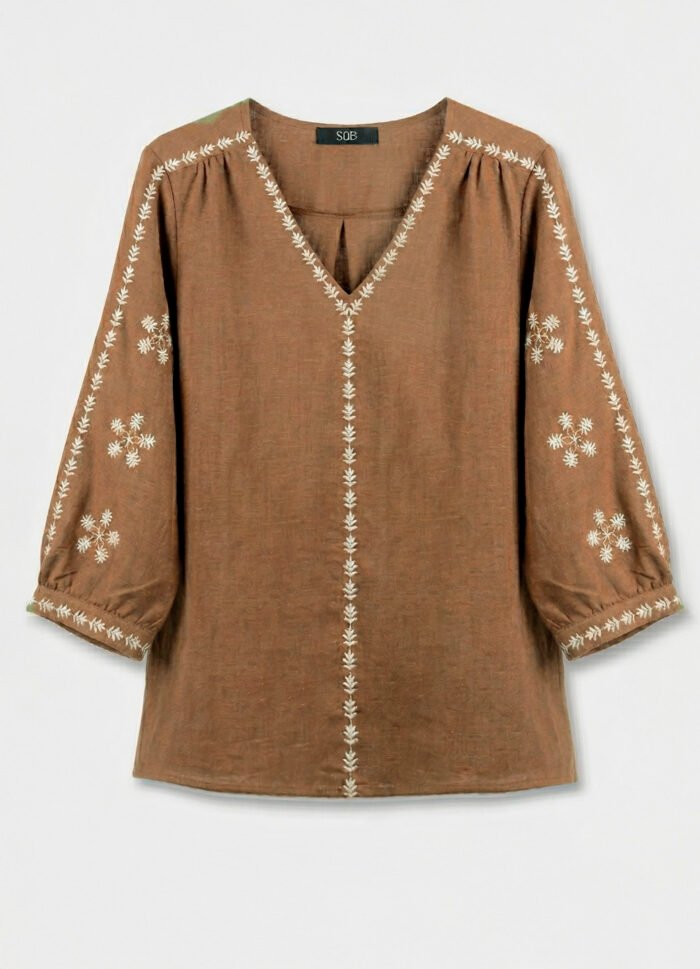Blusa Marrom Bordada Gola V em Algodão Manga 3/4 Sob - Imagem 3