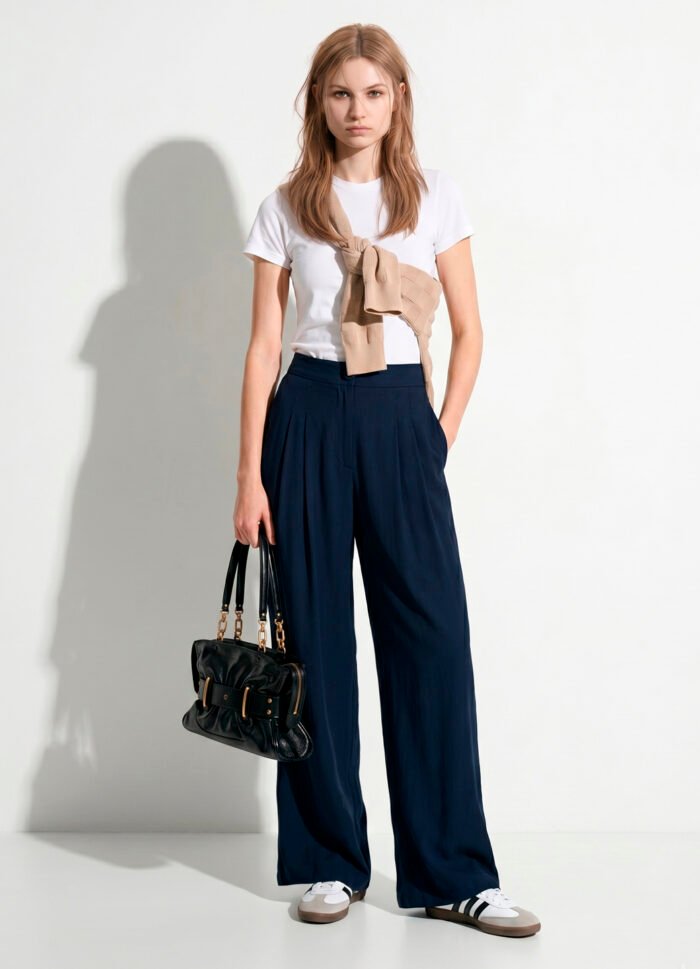 Calça Pantalona Azul Marinho em Viscose com Pregas e Bolsos - Imagem 4