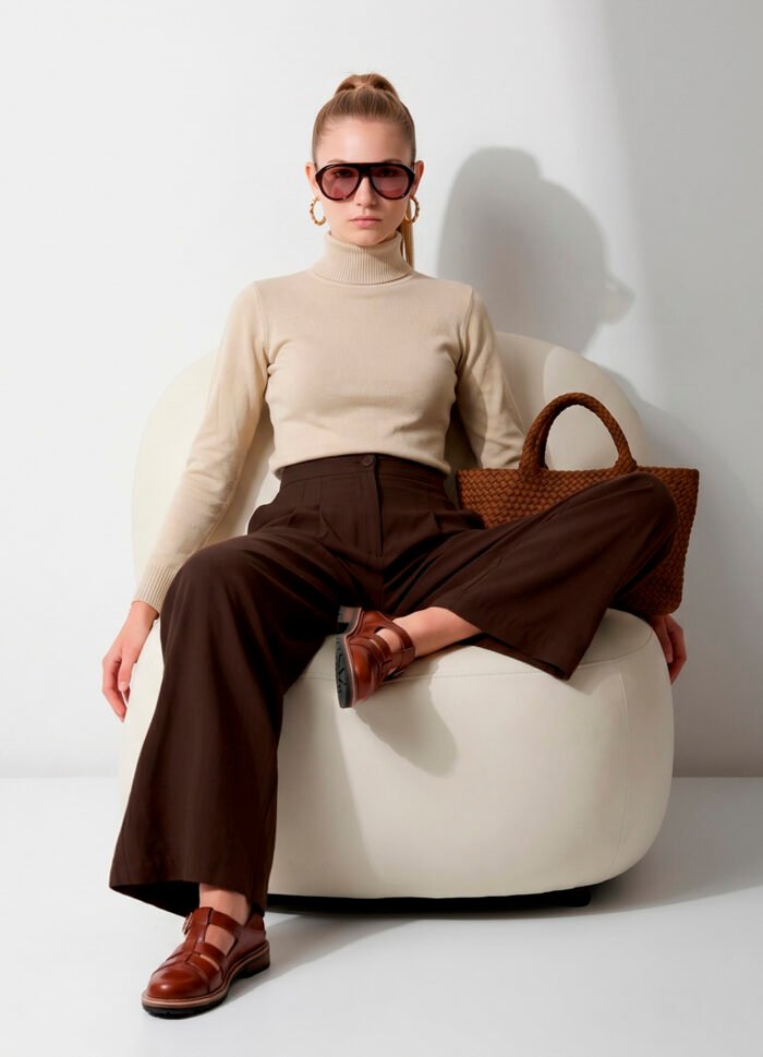 Calça Pantalona Marrom em Viscose com Pregas e Bolsos - Imagem 8