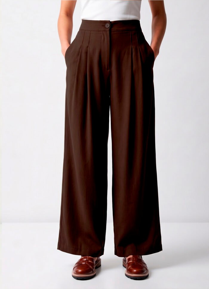 Calça Pantalona Marrom em Viscose com Pregas e Bolsos - Imagem 3