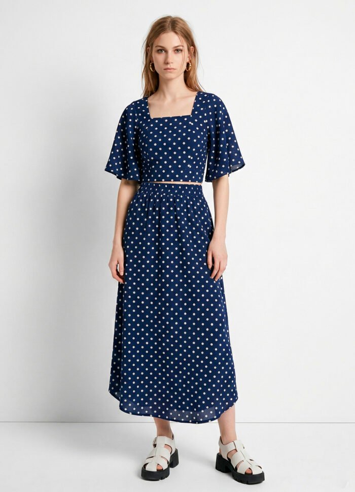 Conjunto Saia Longa e Blusa Azul de Bolinhas Brancas Póa Sob - Imagem 2