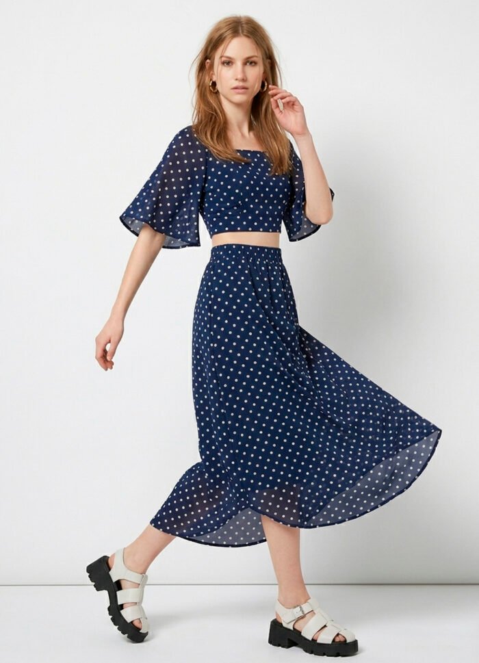 Conjunto Saia Longa e Blusa Azul de Bolinhas Brancas Póa Sob - Imagem 3