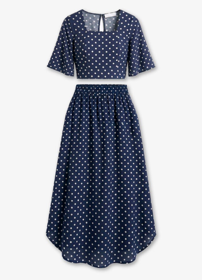 Conjunto Saia Longa e Blusa Azul de Bolinhas Brancas Póa Sob - Imagem 5