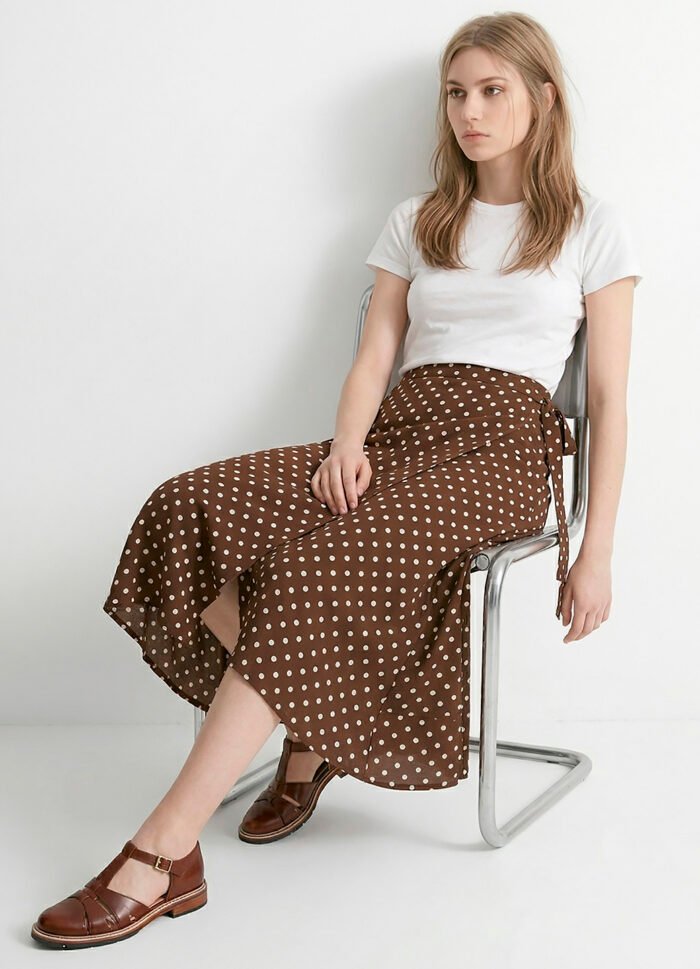 Saia Longa Marrom de Bolinhas de Viscose Poá Transpassada Sob - Imagem 2