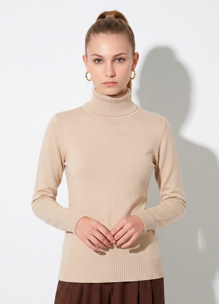 Blusa de Tricot Bege Gola Alta Manga Longa Justa Sob - Imagem 4