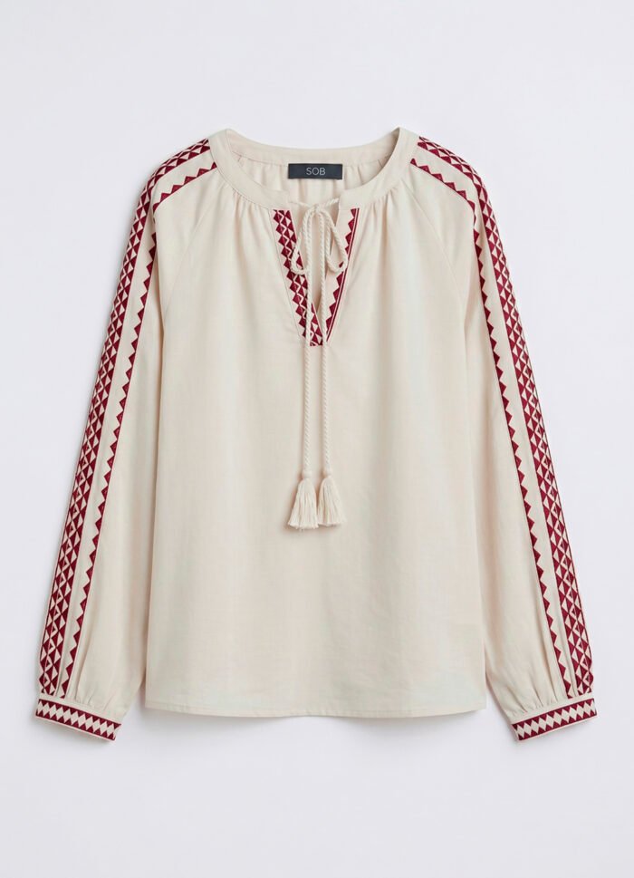 Blusa Off White Bordada Manga Longa de Algodão Boho Sob - Imagem 6