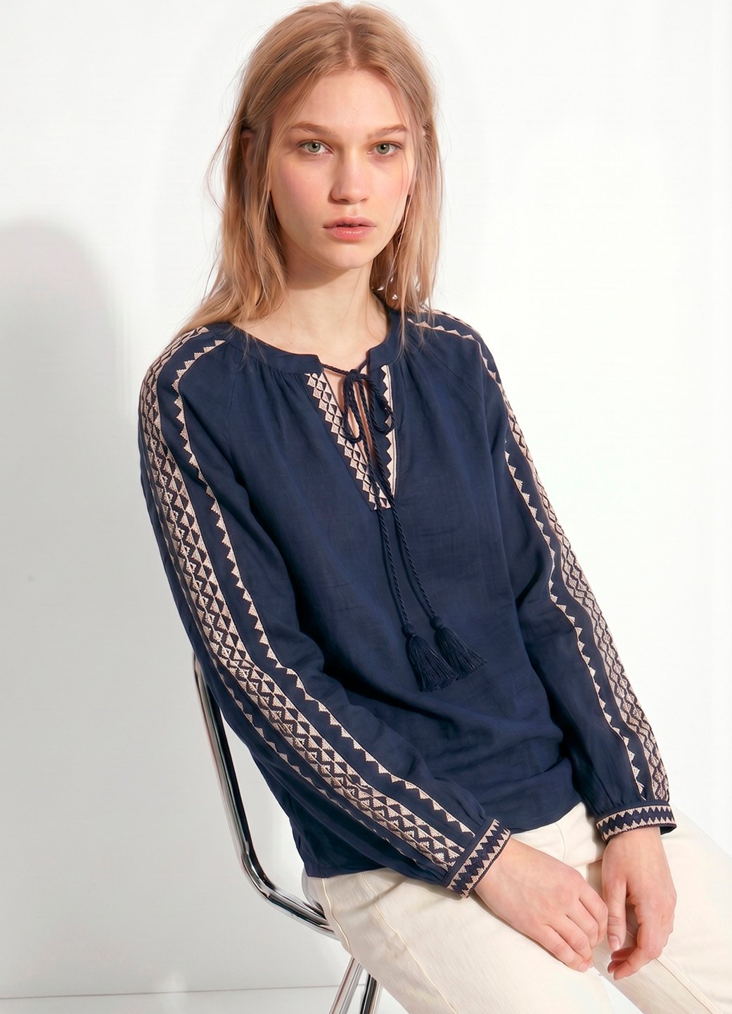 blusa bordada manga longa marinho 1 Blusa Azul Marinho Bordada Manga Longa de Algodão Boho Sob - Imagem 1
