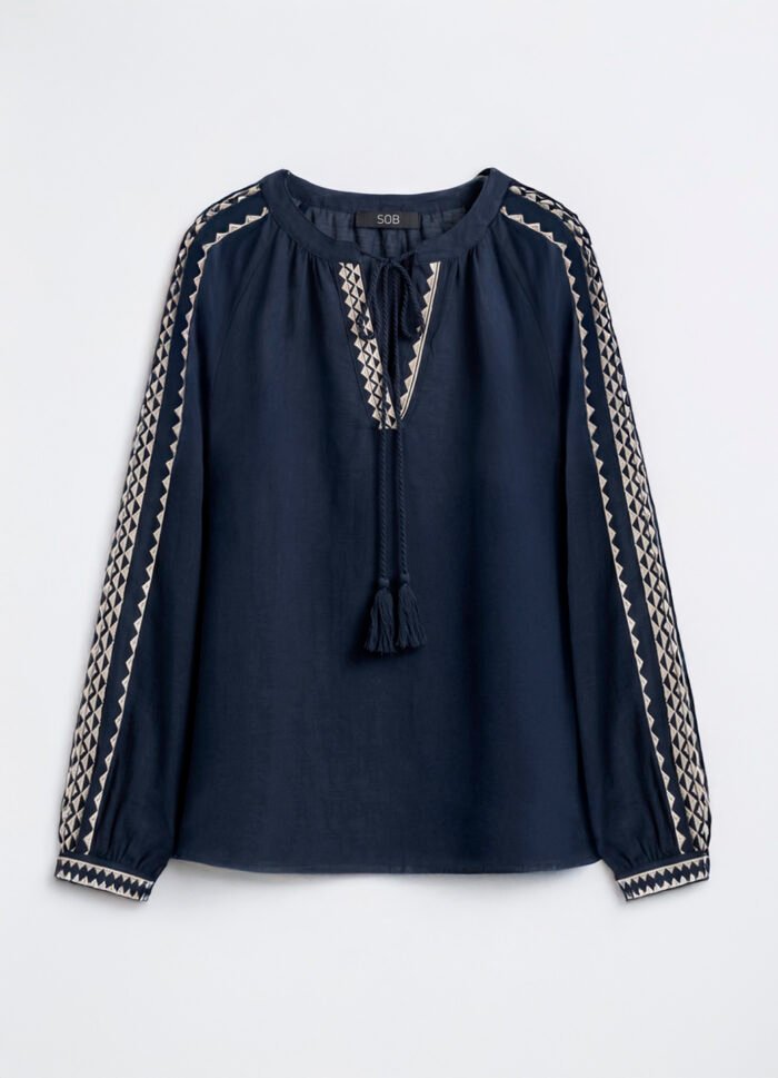 Blusa Azul Marinho Bordada Manga Longa de Algodão Boho Sob - Imagem 6