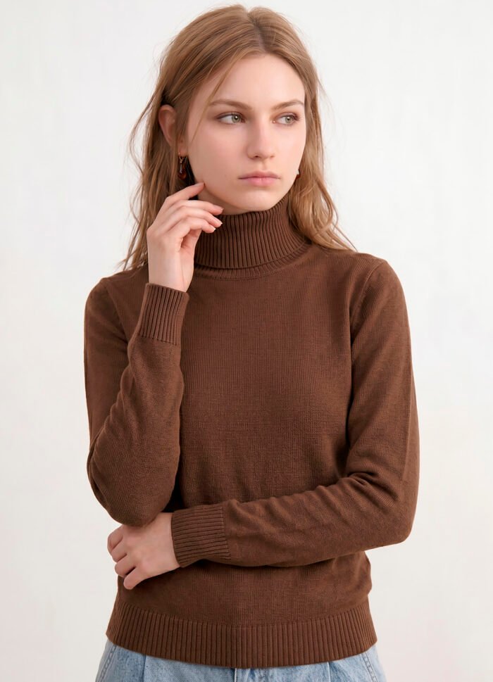 Blusa de Tricot Marrom Café Gola Alta Manga Longa Justa Sob - Imagem 3