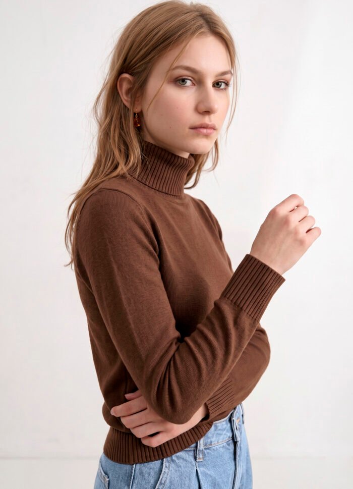 Blusa de Tricot Marrom Café Gola Alta Manga Longa Justa Sob - Imagem 4