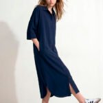 Vestido Longo Chemise Marinho em Viscose com Mangas e Bolso Sob