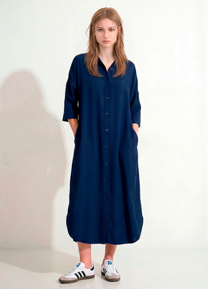 Vestido Longo Chemise Marinho em Viscose com Mangas e Bolso Sob - Imagem 2