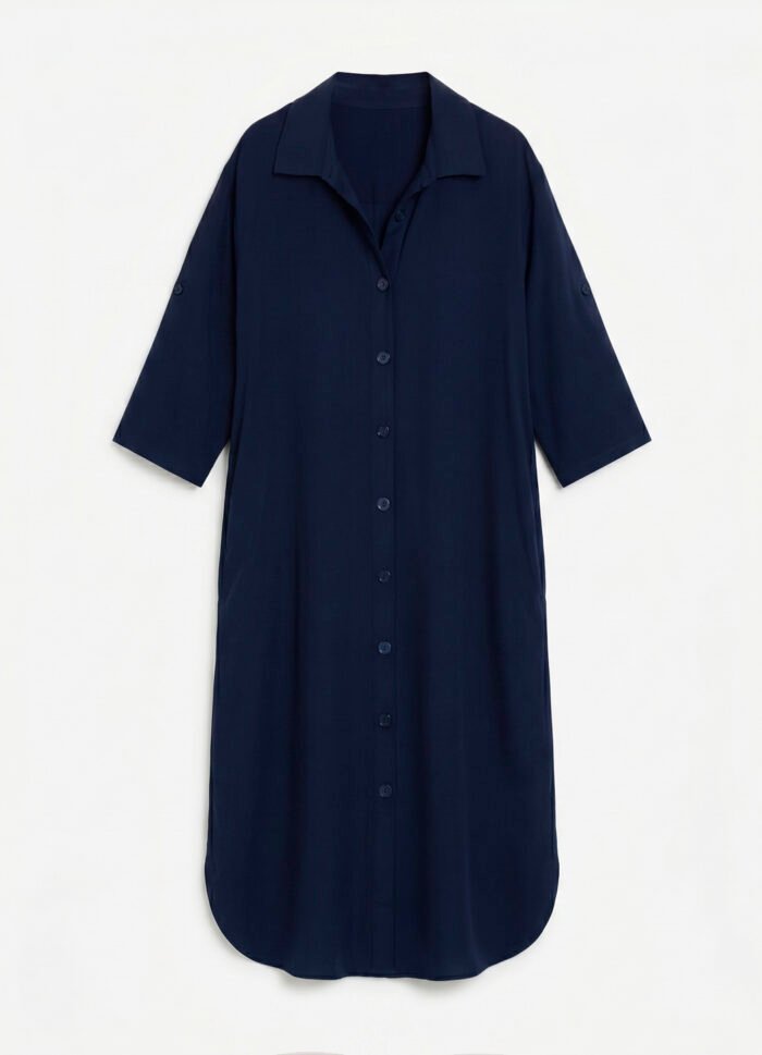 Vestido Longo Chemise Marinho em Viscose com Mangas e Bolso Sob - Imagem 6