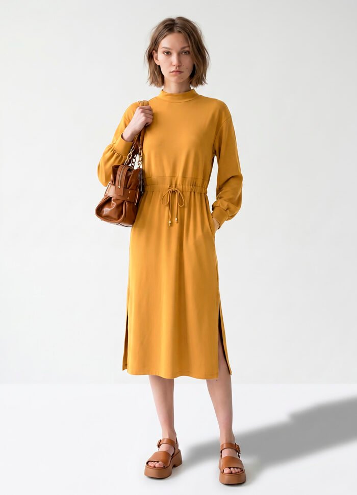 Vestido Manga Longa Caramelo Moletinho de Viscose com Bolsos Sob - Imagem 4
