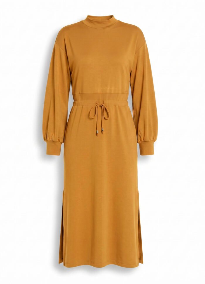 Vestido Manga Longa Caramelo Moletinho de Viscose com Bolsos Sob - Imagem 3