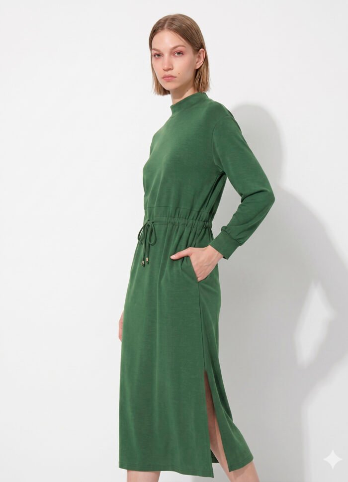 Vestido Manga Longa Verde Moletinho de Viscose com Bolsos Sob - Imagem 2