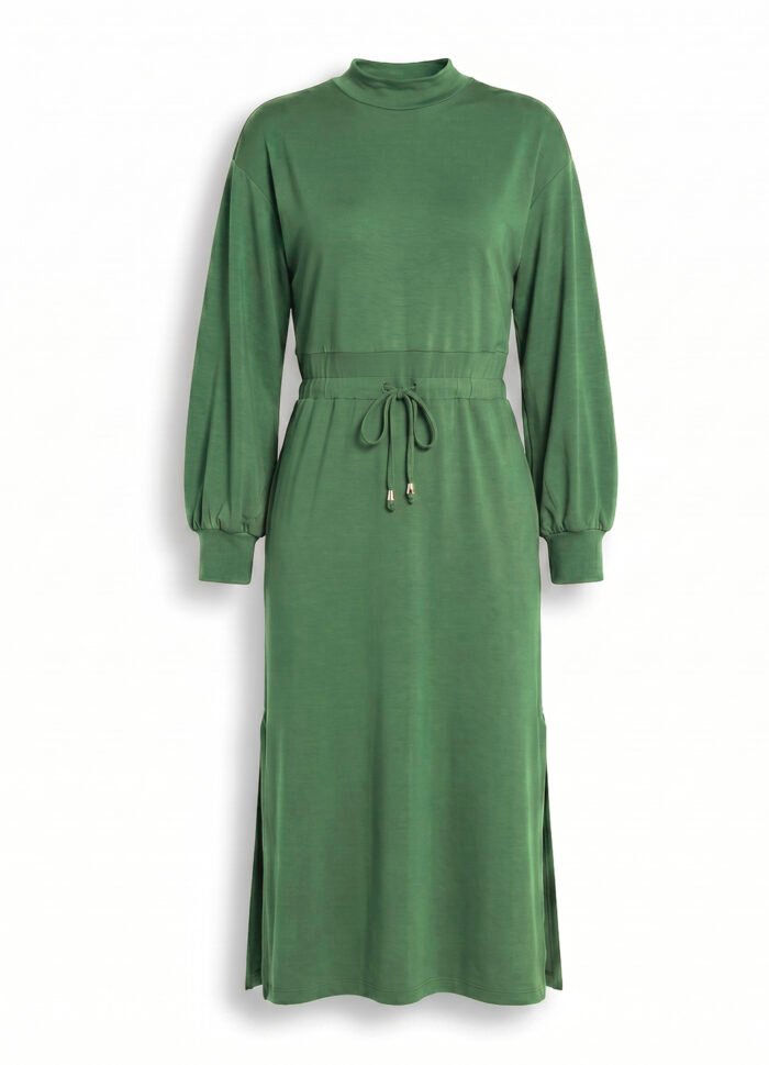 Vestido Manga Longa Verde Moletinho de Viscose com Bolsos Sob - Imagem 3