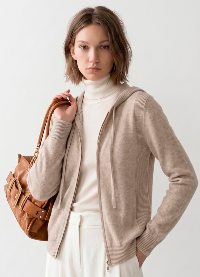 Jaqueta de Tricot com Capuz Bege em Viscose Macia Modal Sob - Imagem 2