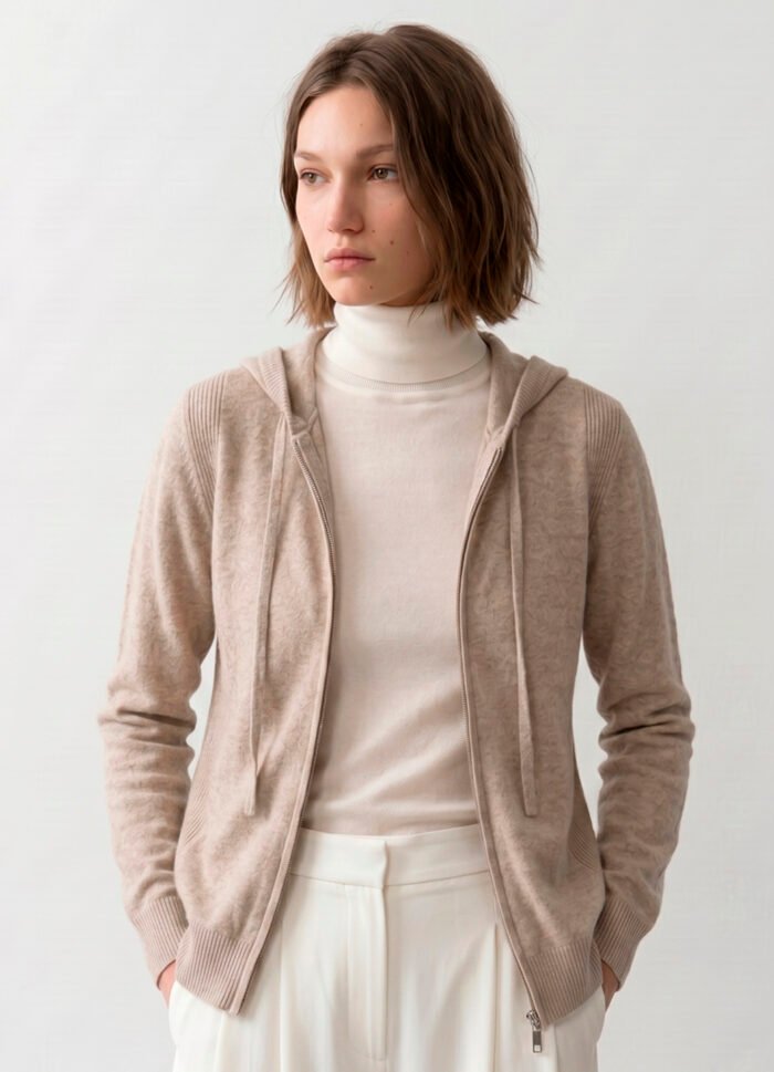 Jaqueta de Tricot com Capuz Bege em Viscose Macia Modal Sob - Imagem 4