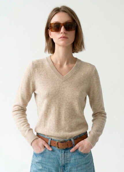 Blusa de Tricot Bege Areia Gola V em Viscose Modal Macia Sob