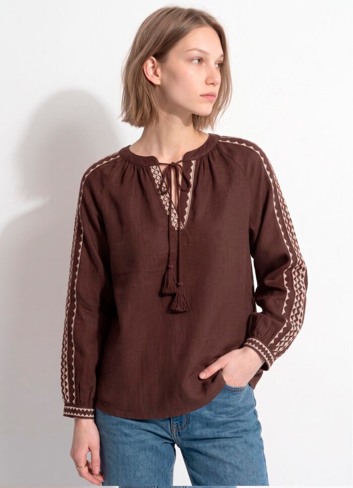 Blusa Marrom Bordada Manga Longa de Algodão Boho Sob - Imagem 7