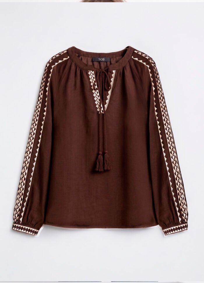 Blusa Marrom Bordada Manga Longa de Algodão Boho Sob - Imagem 3